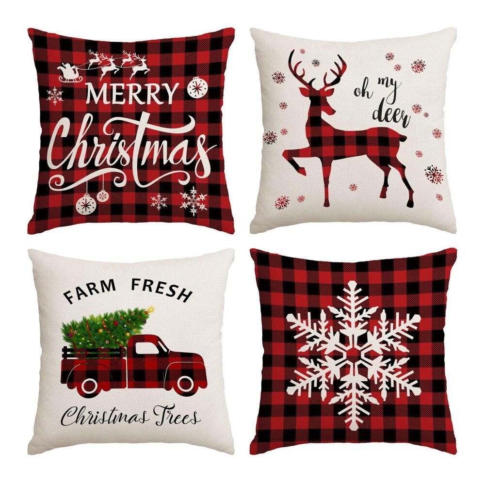 1588 Christmas Pillow Covers 16x16 Set of 4 Red Green Xmas Decorative Throw